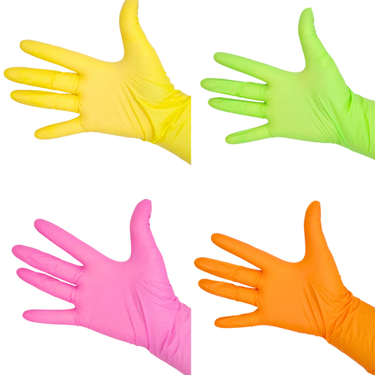 Hashtaghairkit nitrile gloves in pink  orange, yellow and green