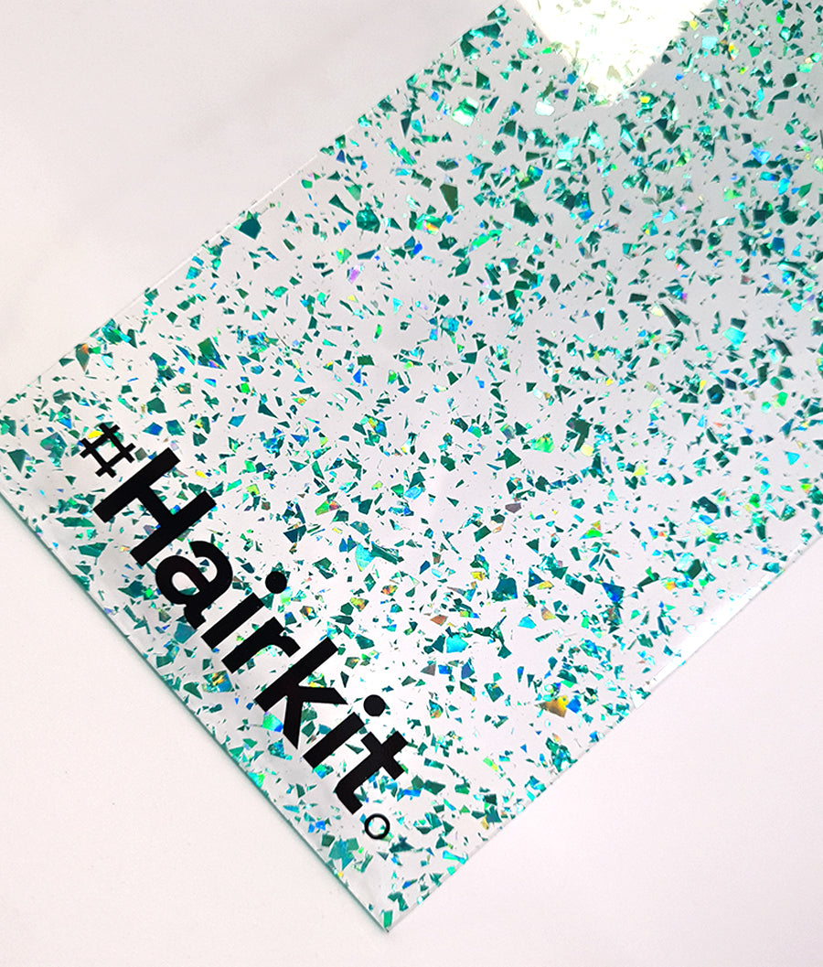 Hashtaghairkit Glitter balayage board with turquoise Holographic flecks