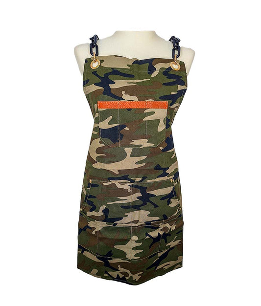 Hashtaghairkit denim camouflage apron with chain straps