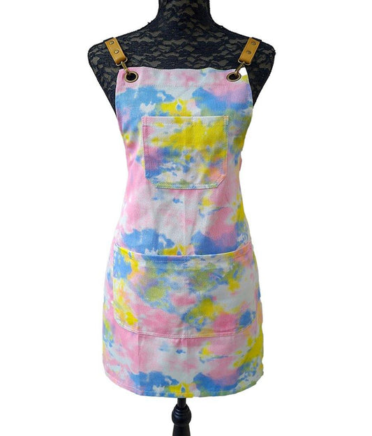 yellow pink and blue hashtaghairkit denim tye-dye hairdresser apron